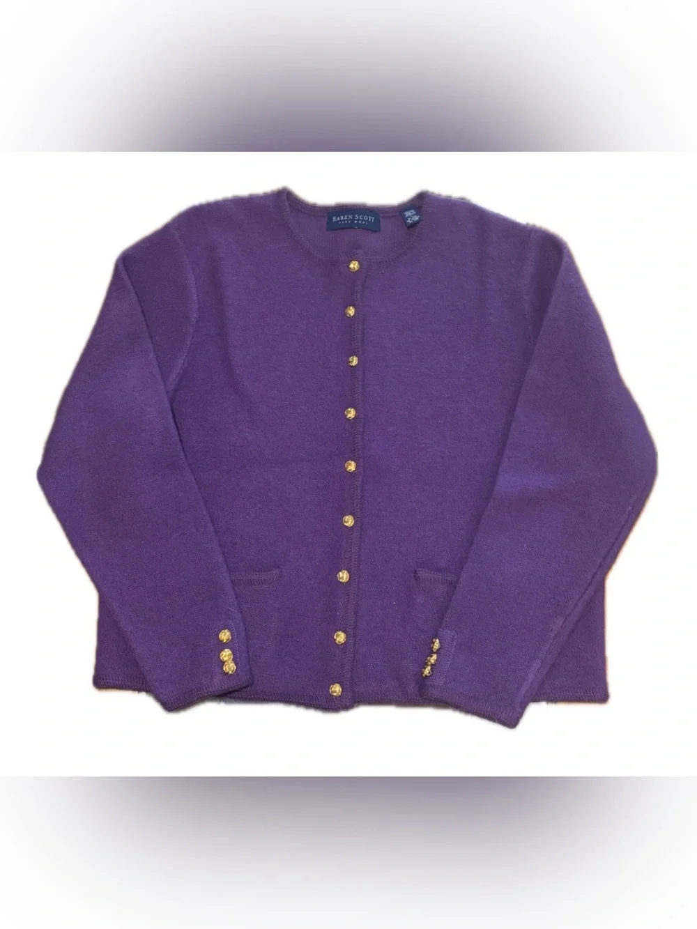 Karen Scott Size: L Purple Crewneck Cashmere-Blend Cardigan with Gold Buttons